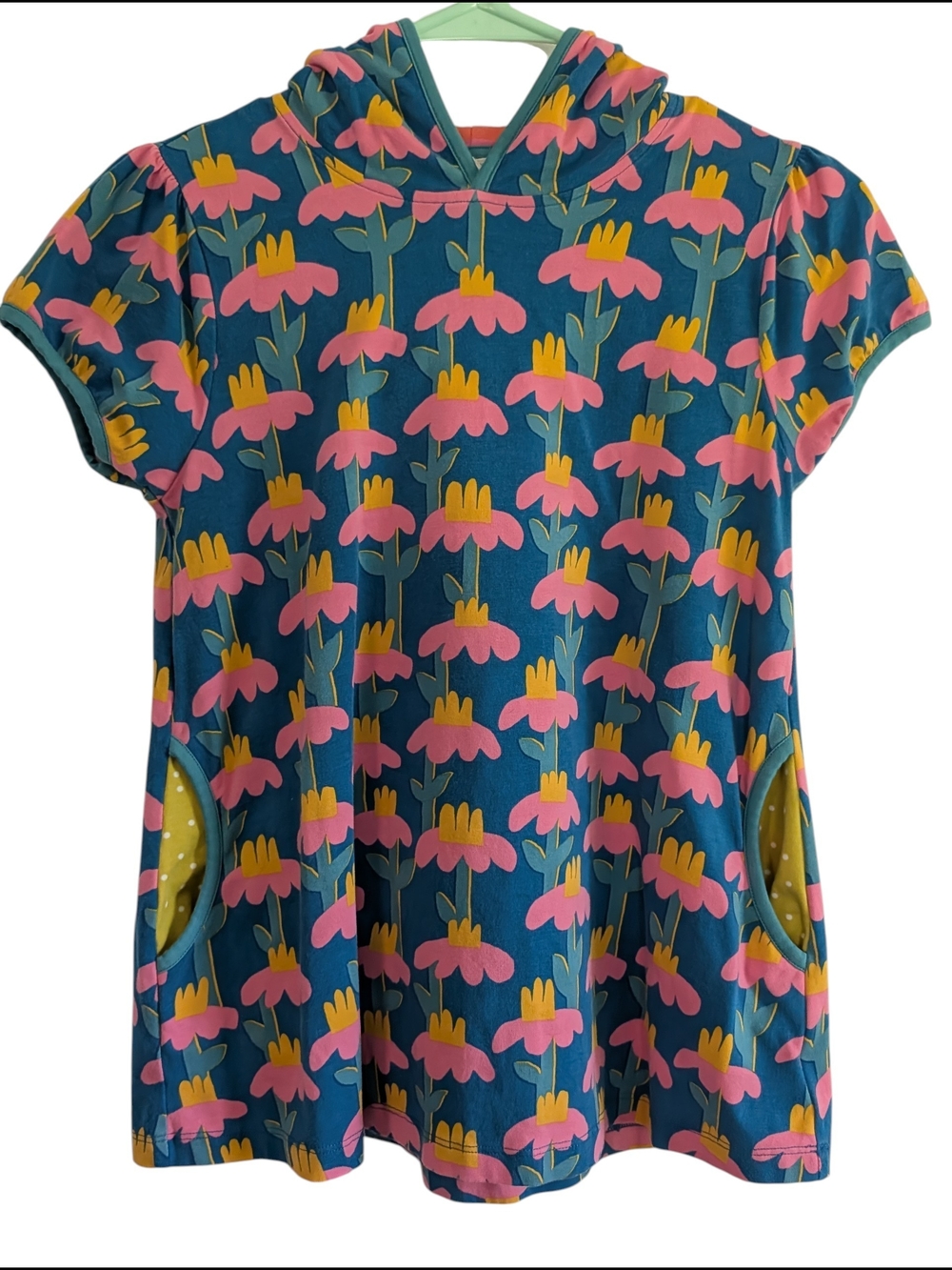 Girls' Teal Floral Hooded Short-Sleeve Tunic with Pockets